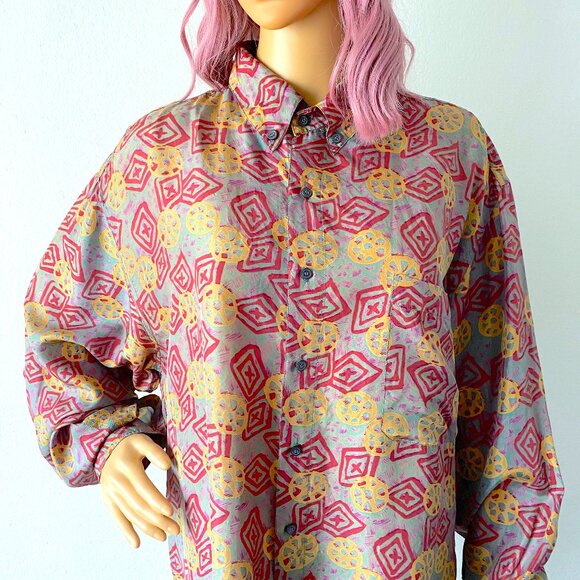 Vintage Silk Button Down Oversized Shirt Streetwear Bohemian Blouse Artsy Top L - Picture 3 of 10